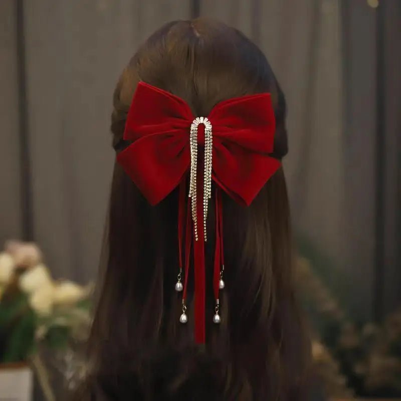 Women Luxury Red Hair Clip Cute Hair Clips Accessories Girls Bow Clip Ribbon Ties Headwear Pearl Tassel Hair Clip Accessories - PratSN