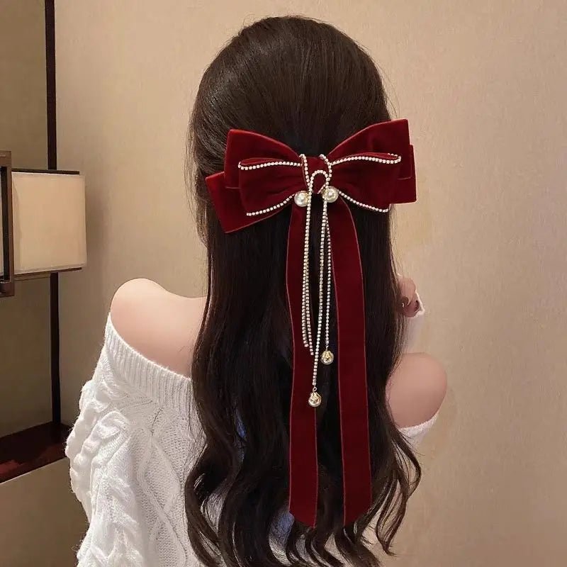 Women Luxury Red Hair Clip Cute Hair Clips Accessories Girls Bow Clip Ribbon Ties Headwear Pearl Tassel Hair Clip Accessories - PratSN