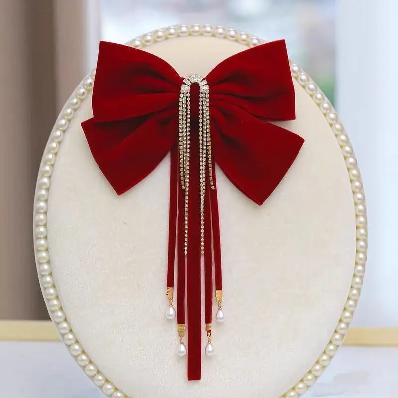 Women Luxury Red Hair Clip Cute Hair Clips Accessories Girls Bow Clip Ribbon Ties Headwear Pearl Tassel Hair Clip Accessories - PratSN