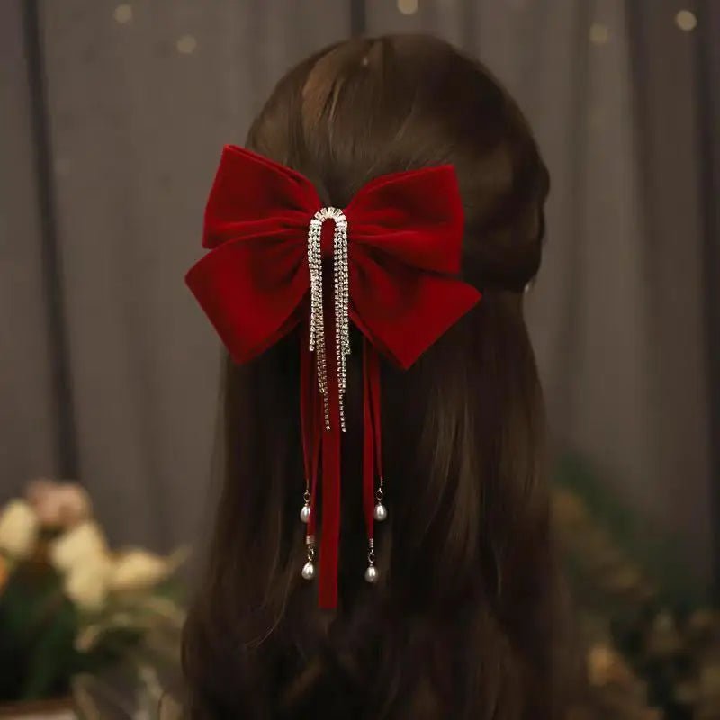 Women Luxury Red Hair Clip Cute Hair Clips Accessories Girls Bow Clip Ribbon Ties Headwear Pearl Tassel Hair Clip Accessories - PratSN