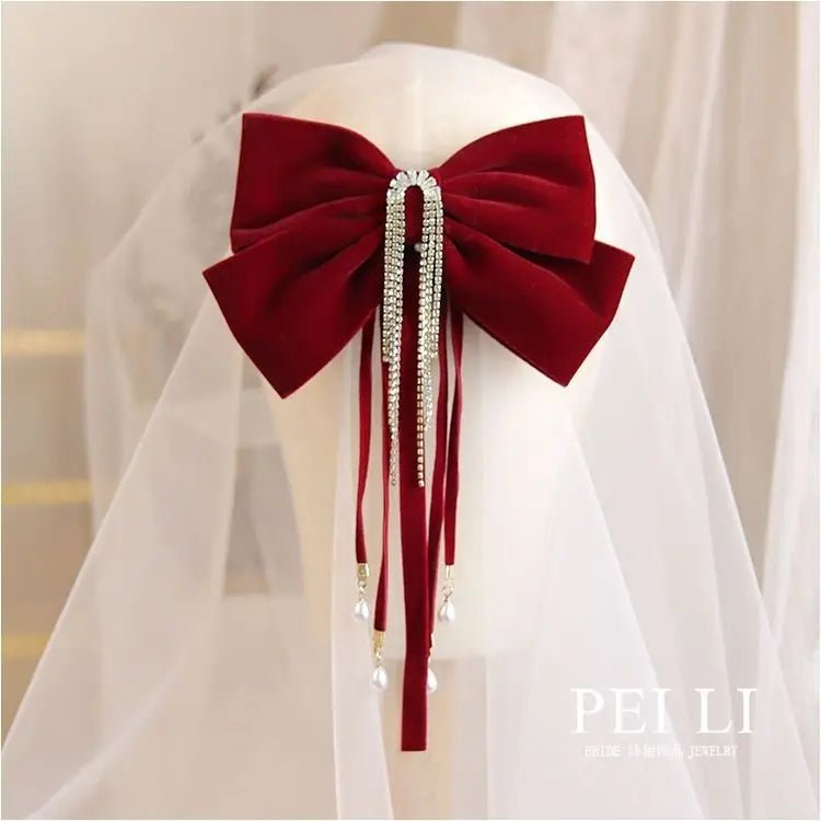 Women Luxury Red Hair Clip Cute Hair Clips Accessories Girls Bow Clip Ribbon Ties Headwear Pearl Tassel Hair Clip Accessories - PratSN