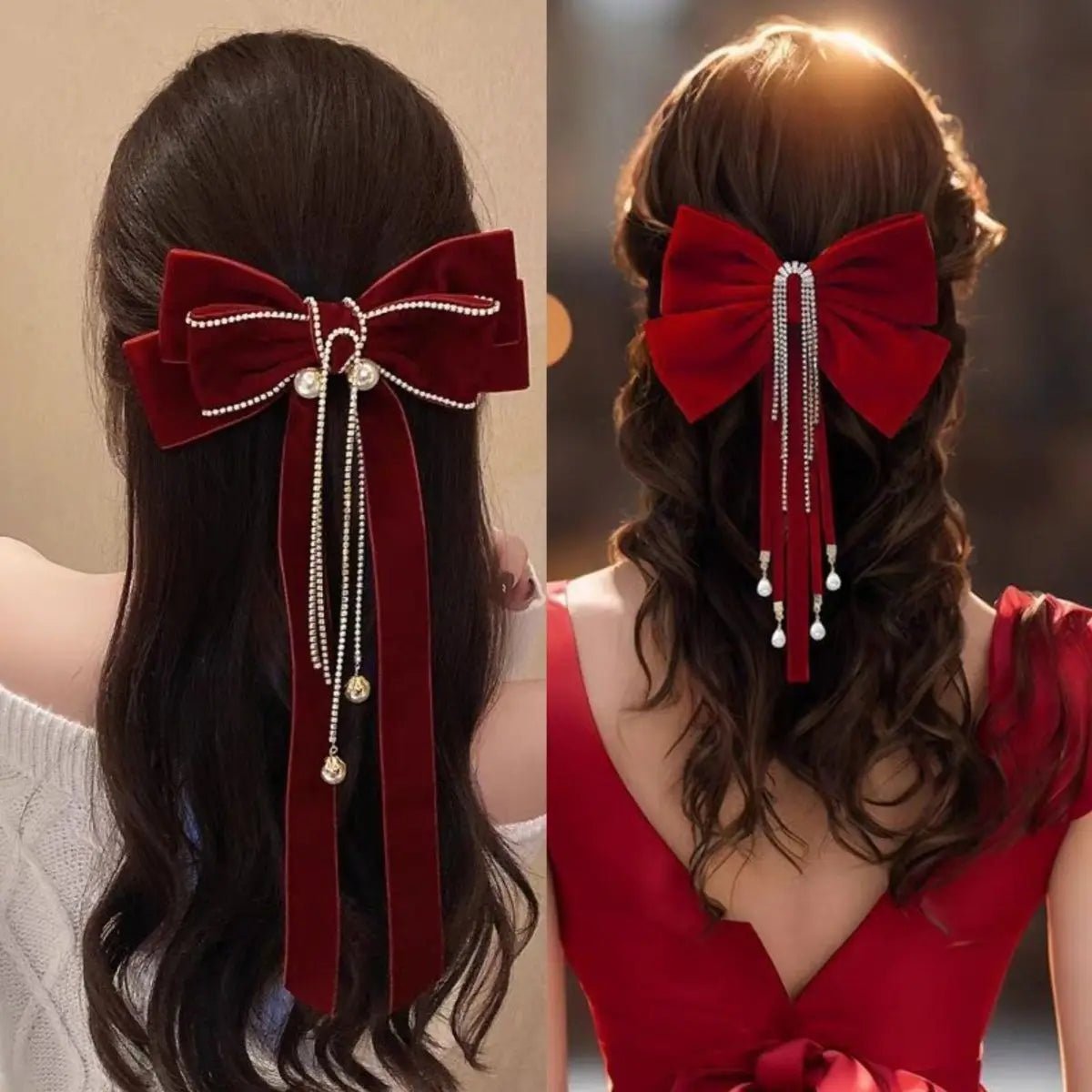 Women Luxury Red Hair Clip Cute Hair Clips Accessories Girls Bow Clip Ribbon Ties Headwear Pearl Tassel Hair Clip Accessories - PratSN