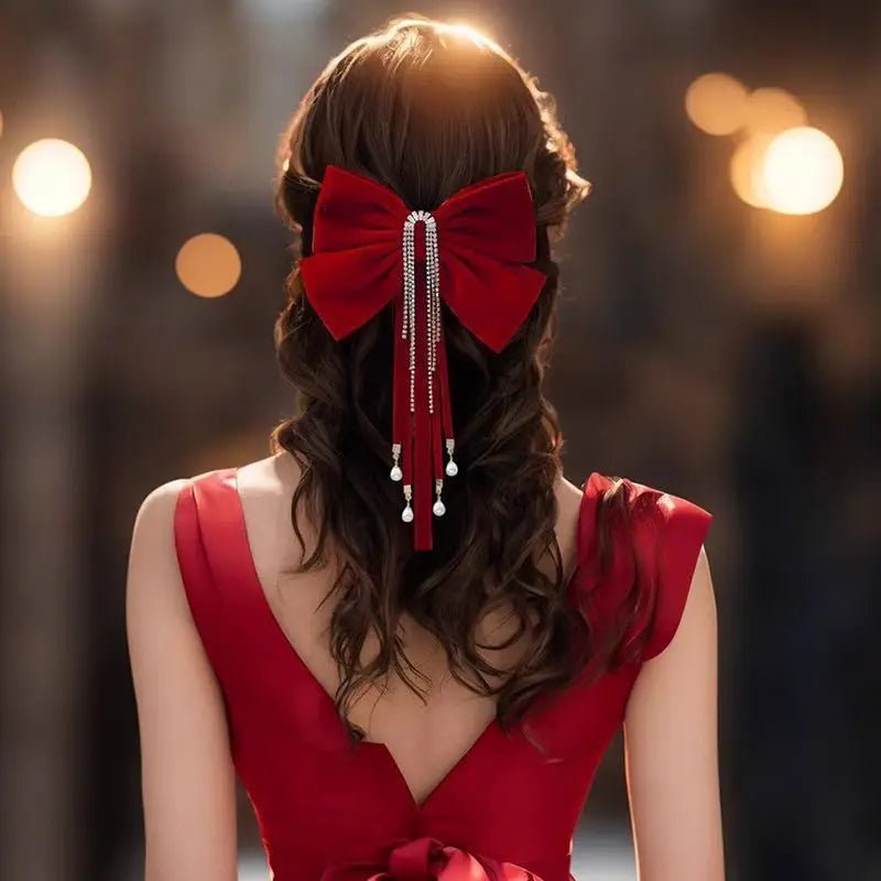 Women Luxury Red Hair Clip Cute Hair Clips Accessories Girls Bow Clip Ribbon Ties Headwear Pearl Tassel Hair Clip Accessories - PratSN