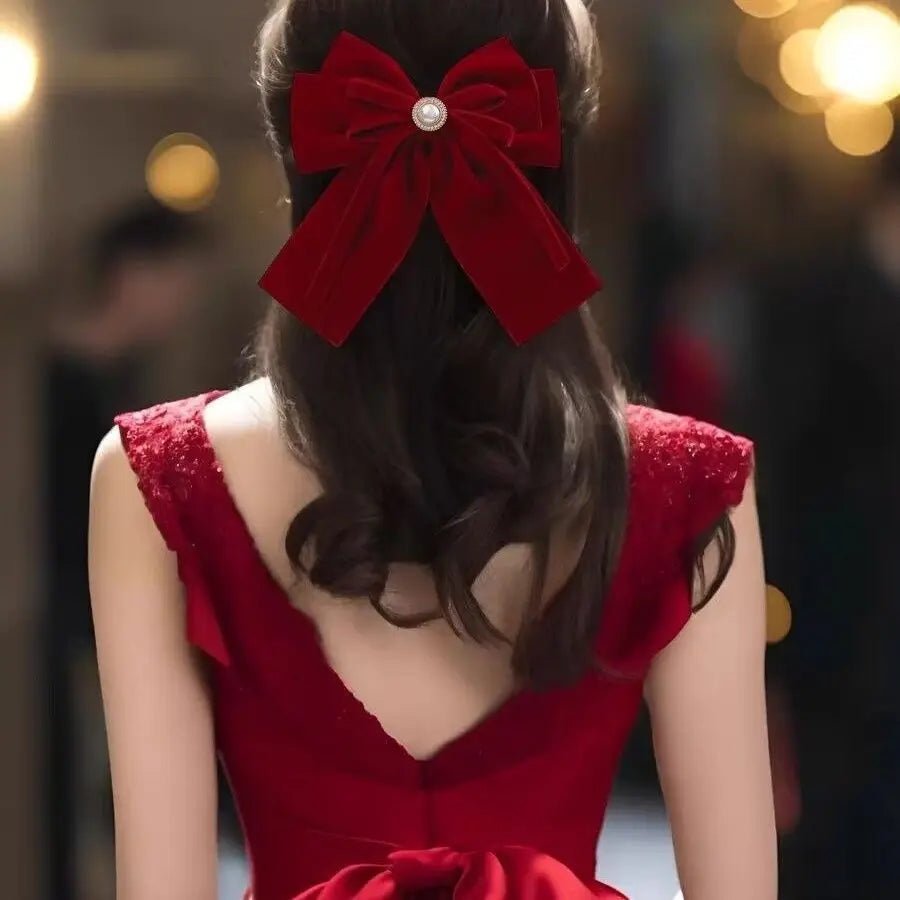 Women Luxury Red Hair Clip Cute Hair Clips Accessories Girls Bow Clip Ribbon Ties Headwear Pearl Tassel Hair Clip Accessories - PratSN