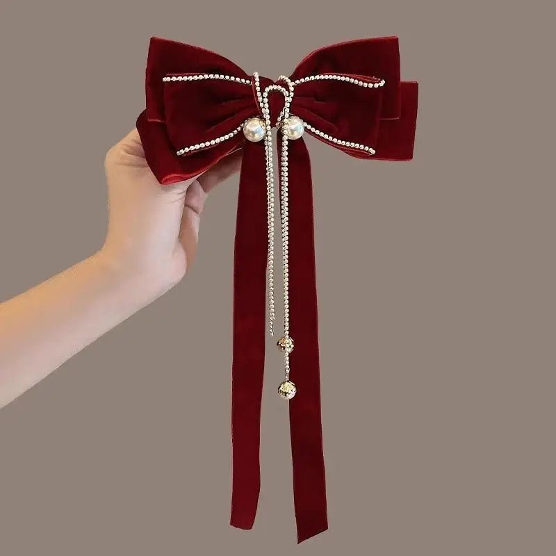 Women Luxury Red Hair Clip Cute Hair Clips Accessories Girls Bow Clip Ribbon Ties Headwear Pearl Tassel Hair Clip Accessories - PratSN