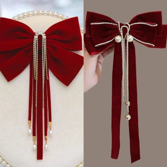 Women Luxury Red Hair Clip Cute Hair Clips Accessories Girls Bow Clip Ribbon Ties Headwear Pearl Tassel Hair Clip Accessories - PratSN