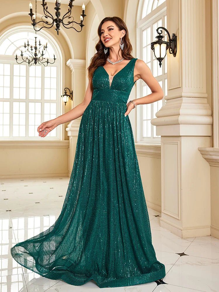 Women Luxury V - Neck Sleeveless Green Formal Evening Dress Sequin 2025 Wedding Party Prom Maxi Cocktail Dress Vestido - PratSN