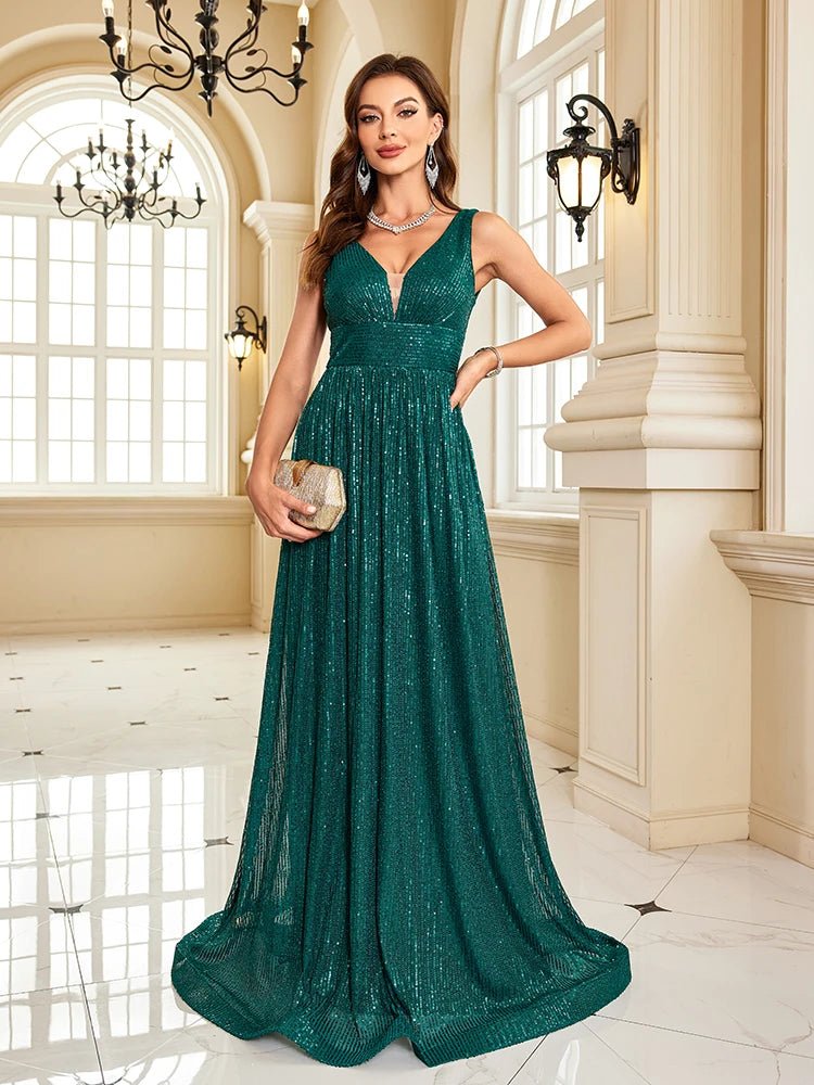 Women Luxury V - Neck Sleeveless Green Formal Evening Dress Sequin 2025 Wedding Party Prom Maxi Cocktail Dress Vestido - PratSN