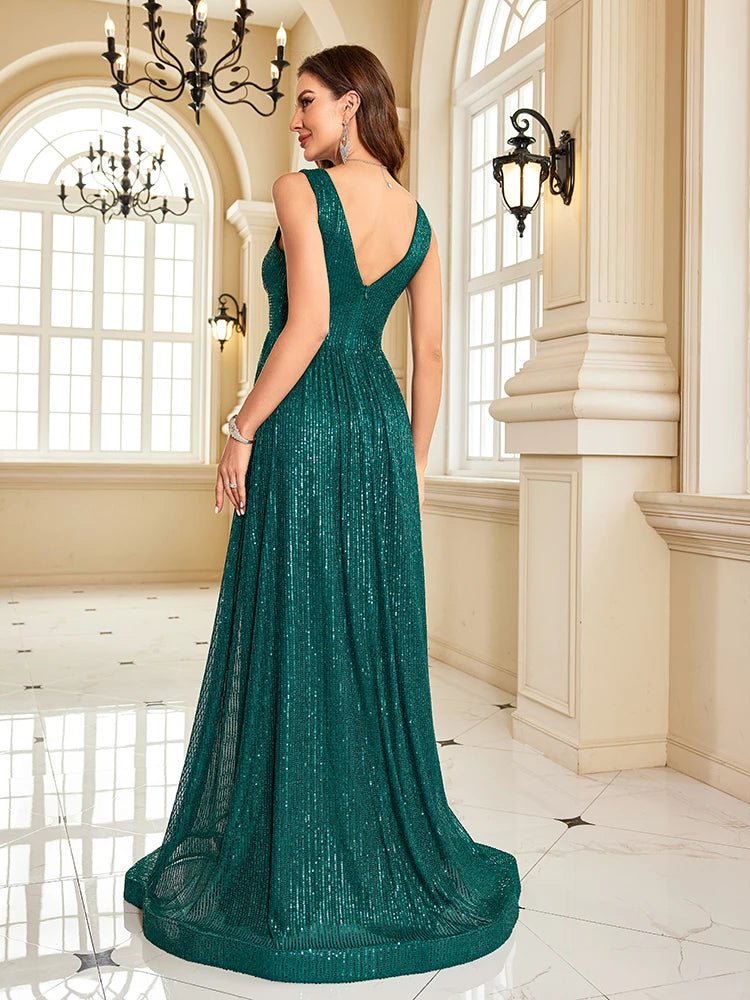 Women Luxury V - Neck Sleeveless Green Formal Evening Dress Sequin 2025 Wedding Party Prom Maxi Cocktail Dress Vestido - PratSN