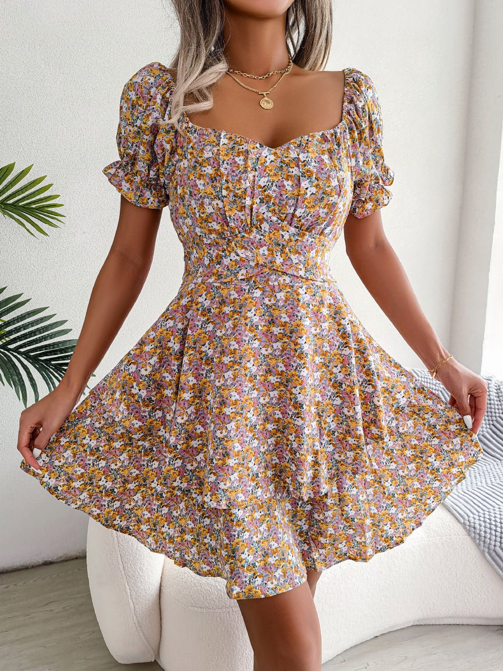 Women Mini Dress Temperament Big Swing Loose Hem Flower Print Shirring Dress Up Short Sleeves High Waist Summer Dress Clothes - PratSN
