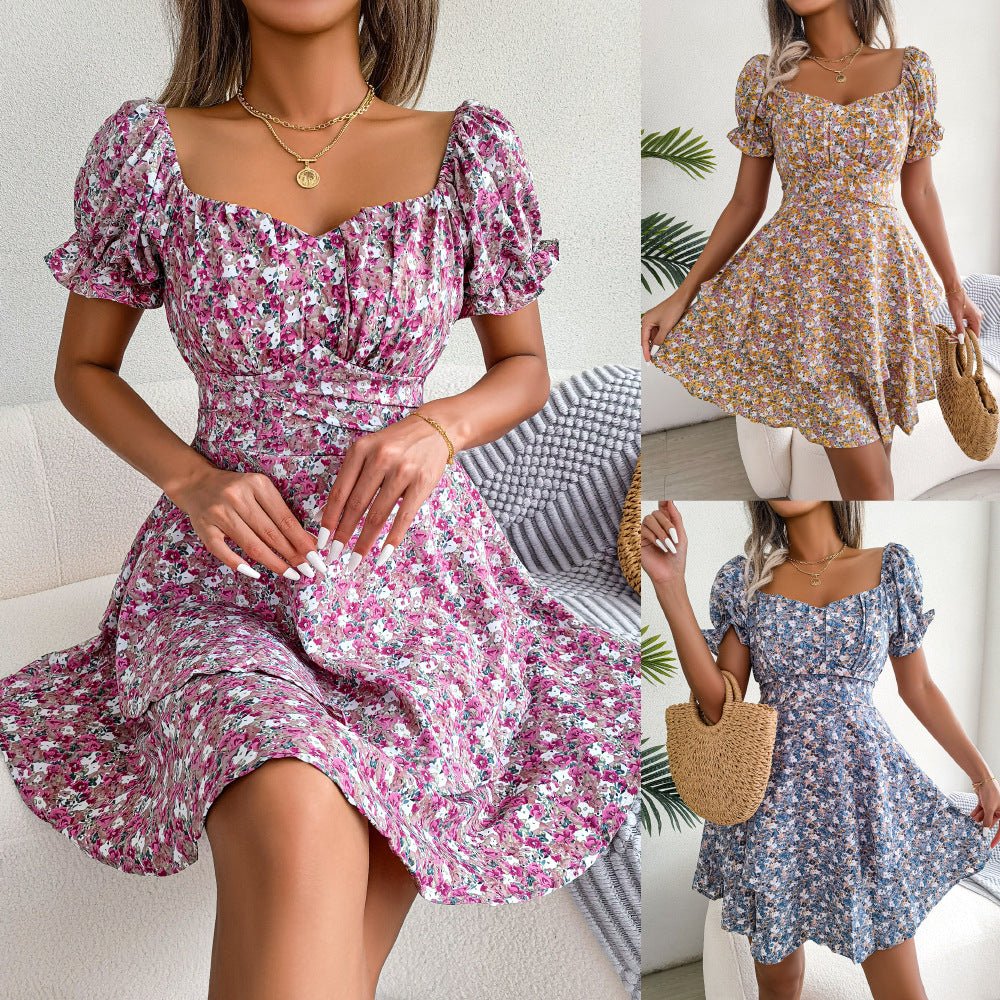 Women Mini Dress Temperament Big Swing Loose Hem Flower Print Shirring Dress Up Short Sleeves High Waist Summer Dress Clothes - PratSN