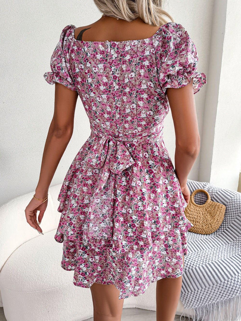 Women Mini Dress Temperament Big Swing Loose Hem Flower Print Shirring Dress Up Short Sleeves High Waist Summer Dress Clothes - PratSN