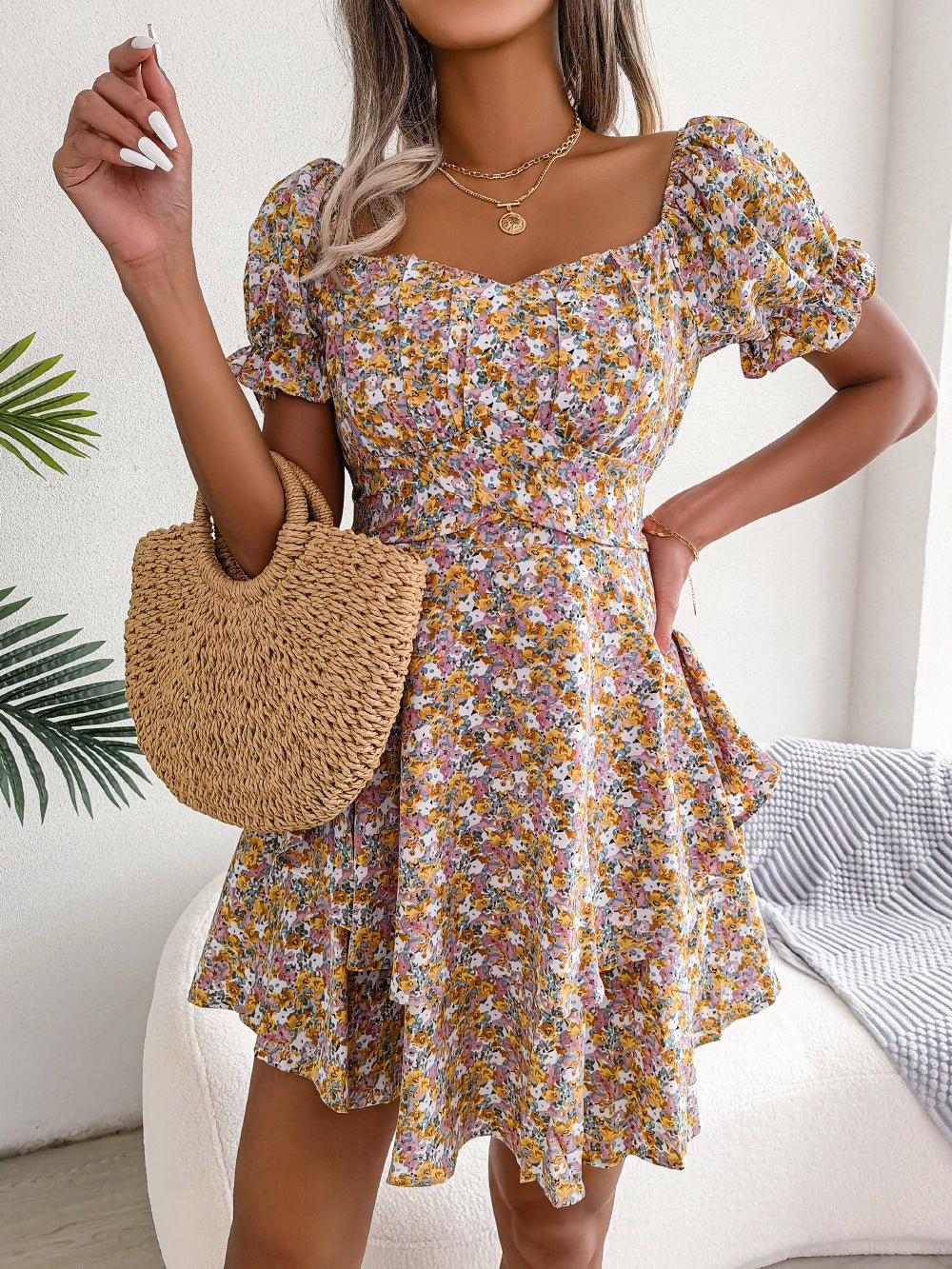 Women Mini Dress Temperament Big Swing Loose Hem Flower Print Shirring Dress Up Short Sleeves High Waist Summer Dress Clothes - PratSN