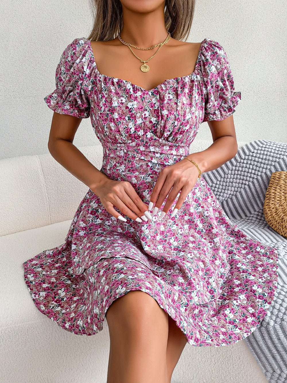 Women Mini Dress Temperament Big Swing Loose Hem Flower Print Shirring Dress Up Short Sleeves High Waist Summer Dress Clothes - PratSN