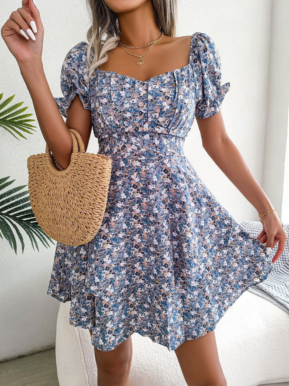 Women Mini Dress Temperament Big Swing Loose Hem Flower Print Shirring Dress Up Short Sleeves High Waist Summer Dress Clothes - PratSN