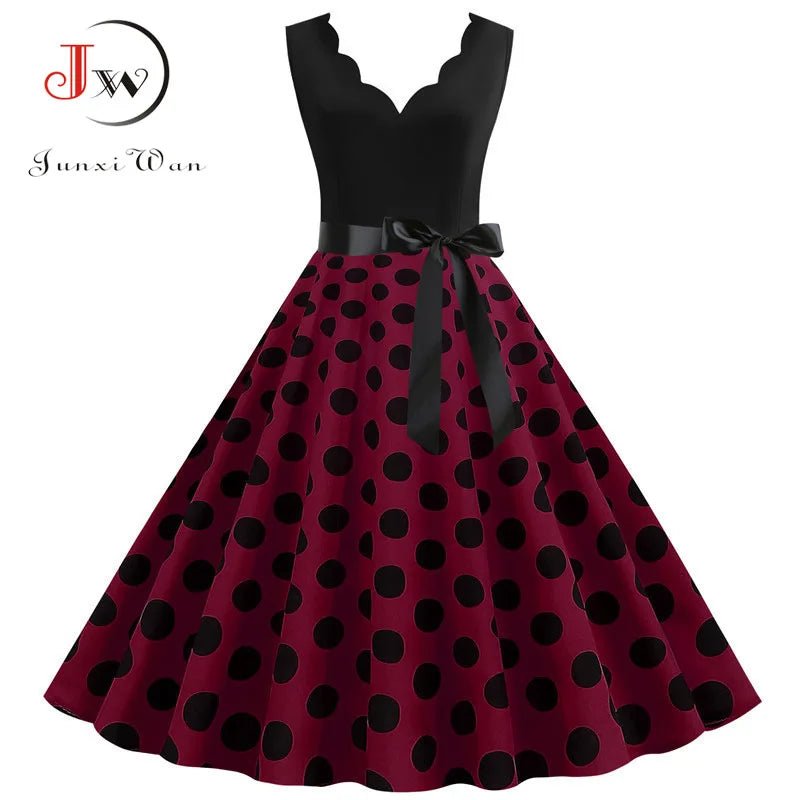 Women Retro Summer Dresses 50s 60s Sleeveless V - neck Polka Dot Bow Ball Grown Party Sundress Robe Vestidos - PratSN