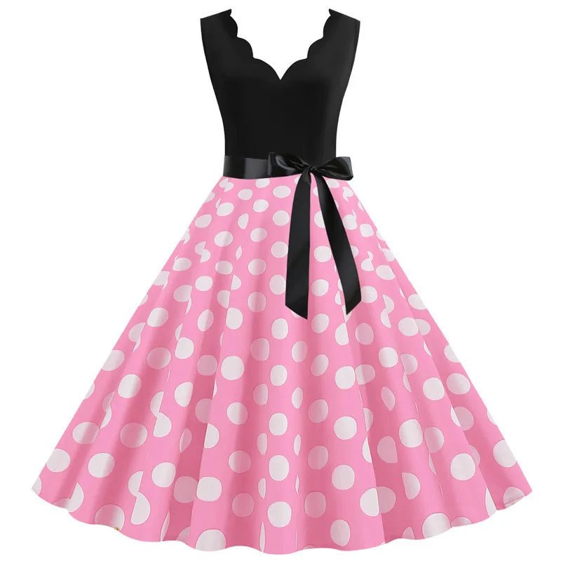 Women Retro Summer Dresses 50s 60s Sleeveless V - neck Polka Dot Bow Ball Grown Party Sundress Robe Vestidos - PratSN
