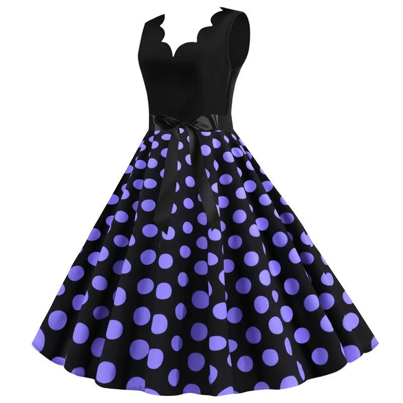 Women Retro Summer Dresses 50s 60s Sleeveless V - neck Polka Dot Bow Ball Grown Party Sundress Robe Vestidos - PratSN