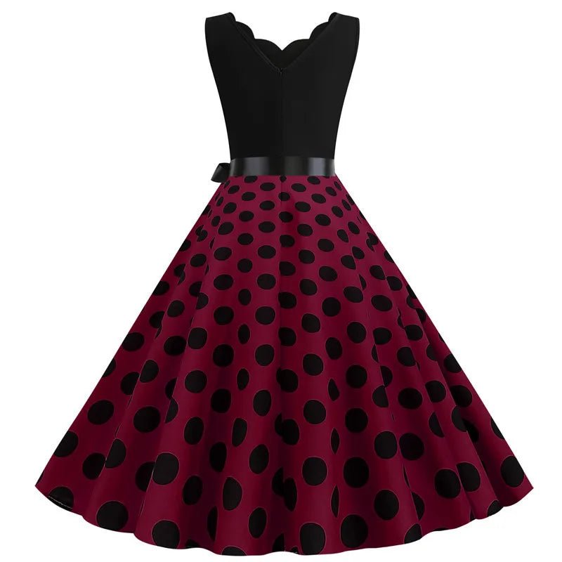 Women Retro Summer Dresses 50s 60s Sleeveless V - neck Polka Dot Bow Ball Grown Party Sundress Robe Vestidos - PratSN