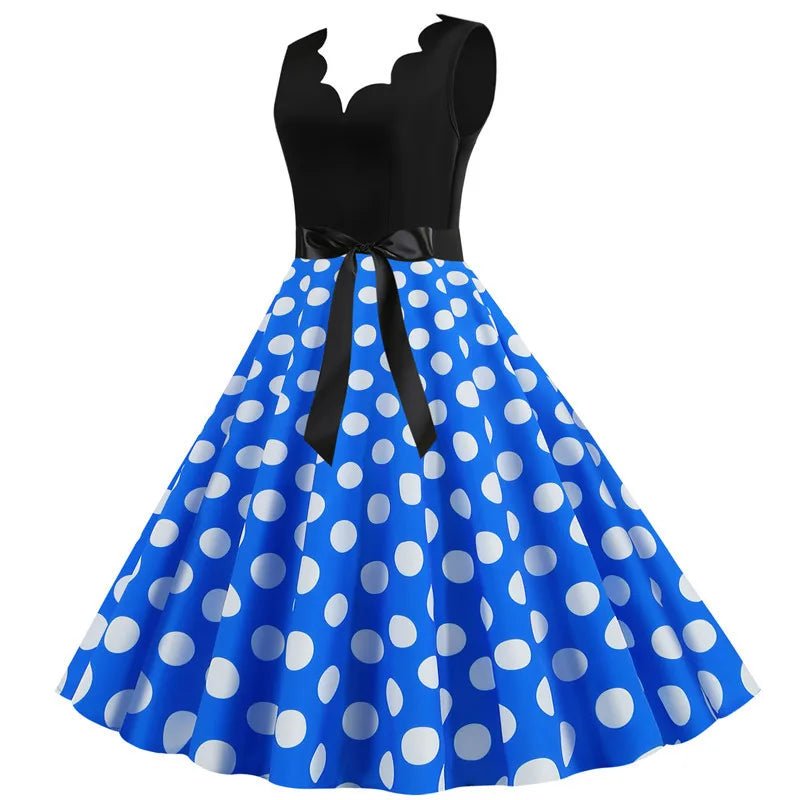 Women Retro Summer Dresses 50s 60s Sleeveless V - neck Polka Dot Bow Ball Grown Party Sundress Robe Vestidos - PratSN