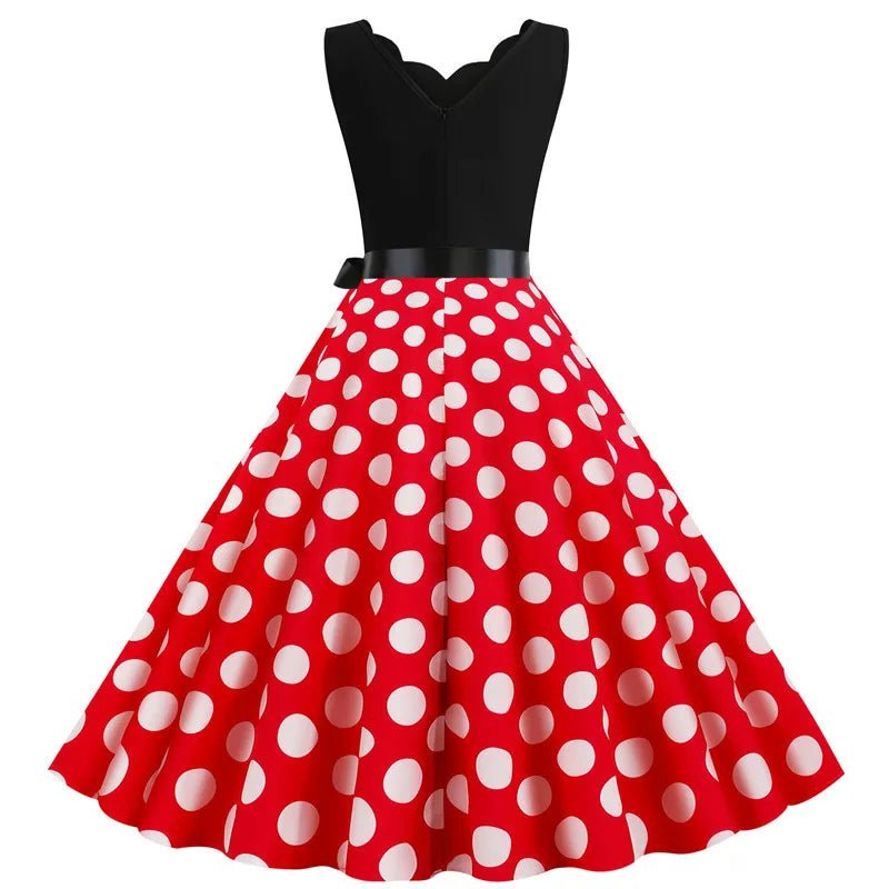 Women Retro Summer Dresses 50s 60s Sleeveless V - neck Polka Dot Bow Ball Grown Party Sundress Robe Vestidos - PratSN