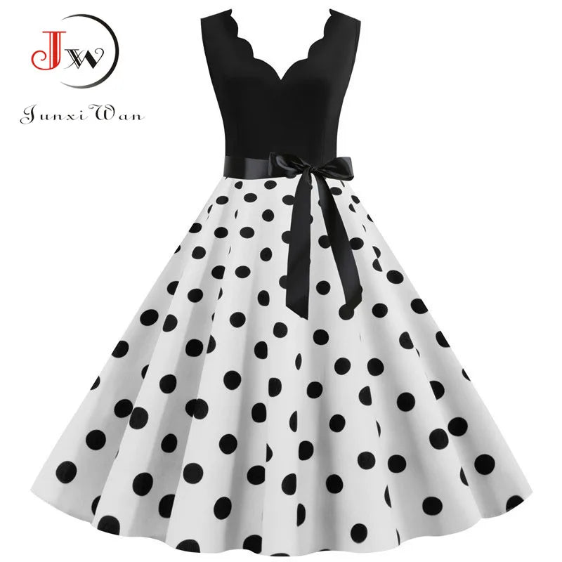 Women Retro Summer Dresses 50s 60s Sleeveless V - neck Polka Dot Bow Ball Grown Party Sundress Robe Vestidos - PratSN