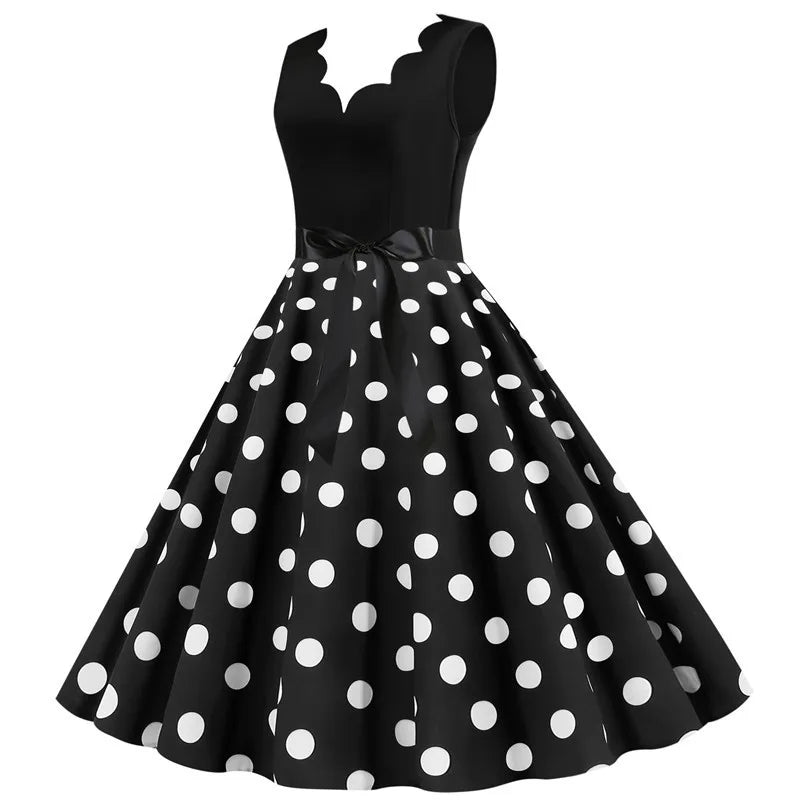 Women Retro Summer Dresses 50s 60s Sleeveless V - neck Polka Dot Bow Ball Grown Party Sundress Robe Vestidos - PratSN