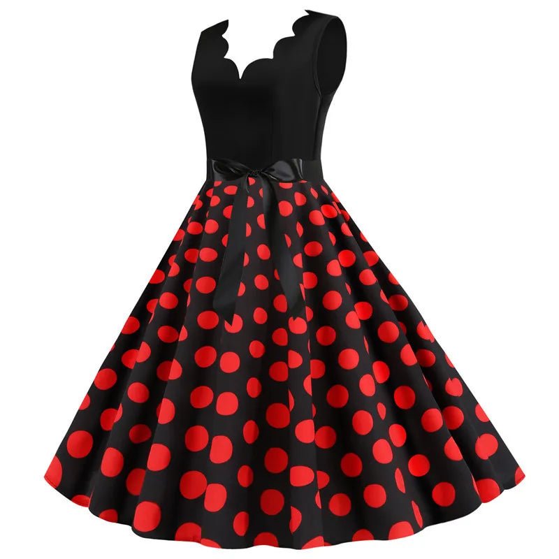 Women Retro Summer Dresses 50s 60s Sleeveless V - neck Polka Dot Bow Ball Grown Party Sundress Robe Vestidos - PratSN