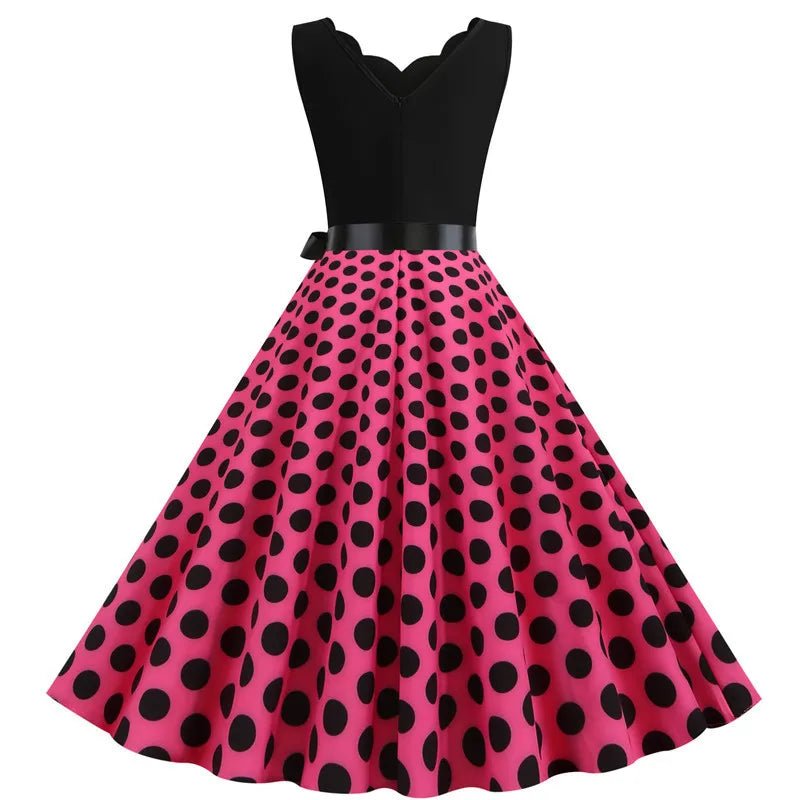 Women Retro Summer Dresses 50s 60s Sleeveless V - neck Polka Dot Bow Ball Grown Party Sundress Robe Vestidos - PratSN