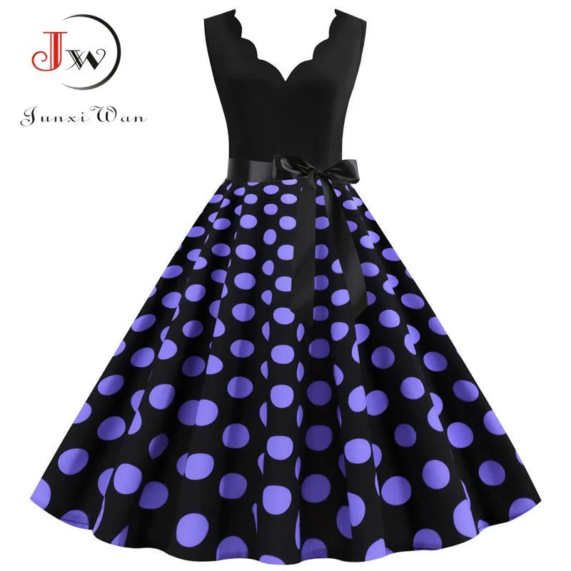 Women Retro Summer Dresses 50s 60s Sleeveless V - neck Polka Dot Bow Ball Grown Party Sundress Robe Vestidos - PratSN