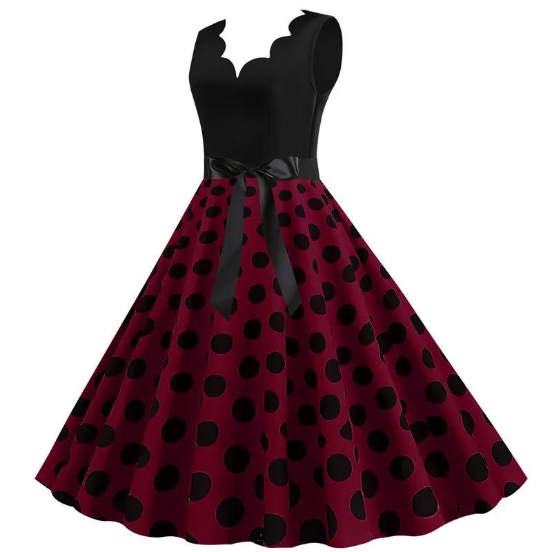 Women Retro Summer Dresses 50s 60s Sleeveless V - neck Polka Dot Bow Ball Grown Party Sundress Robe Vestidos - PratSN