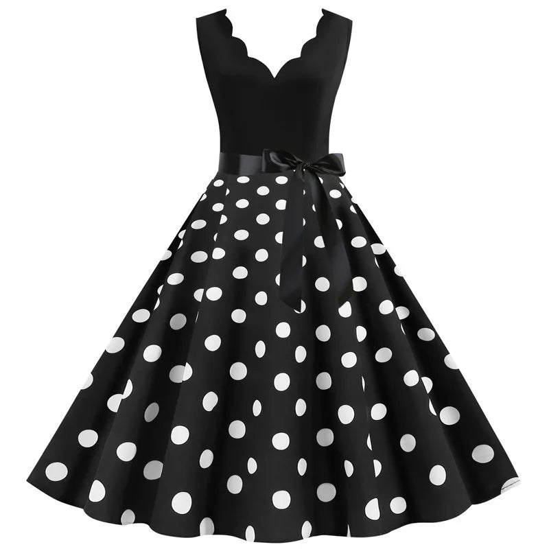 Women Retro Summer Dresses 50s 60s Sleeveless V - neck Polka Dot Bow Ball Grown Party Sundress Robe Vestidos - PratSN