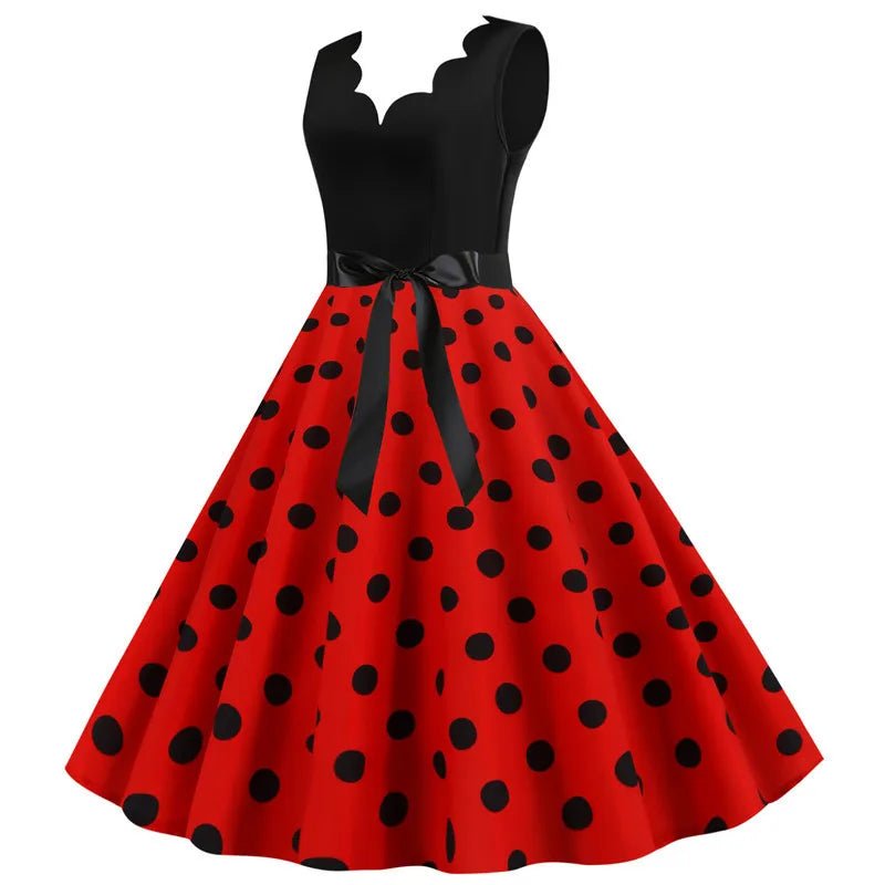 Women Retro Summer Dresses 50s 60s Sleeveless V - neck Polka Dot Bow Ball Grown Party Sundress Robe Vestidos - PratSN