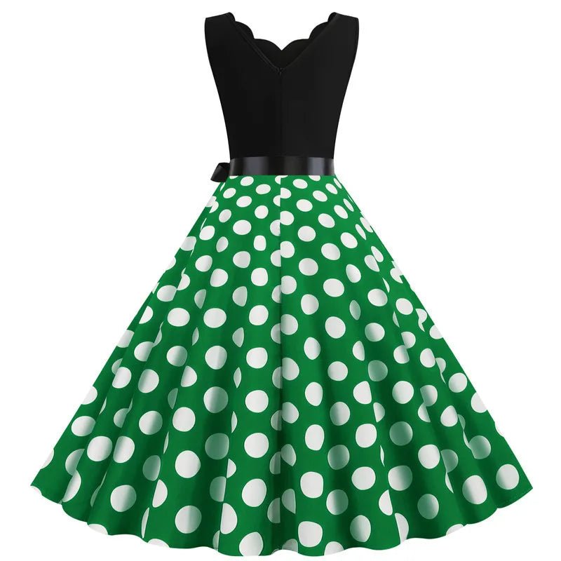 Women Retro Summer Dresses 50s 60s Sleeveless V - neck Polka Dot Bow Ball Grown Party Sundress Robe Vestidos - PratSN