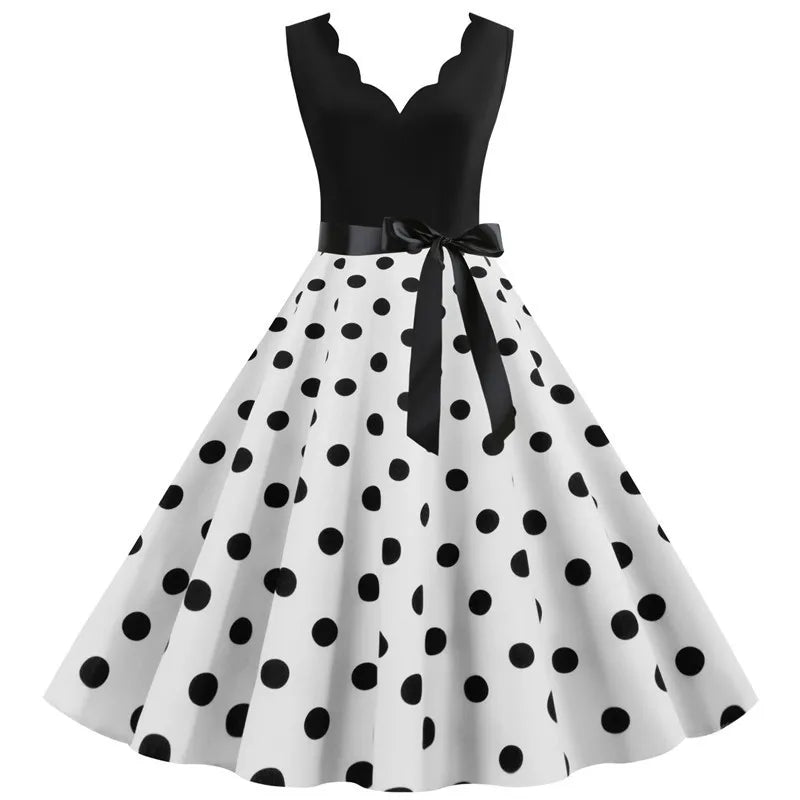 Women Retro Summer Dresses 50s 60s Sleeveless V - neck Polka Dot Bow Ball Grown Party Sundress Robe Vestidos - PratSN