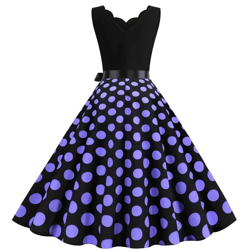 Women Retro Summer Dresses 50s 60s Sleeveless V - neck Polka Dot Bow Ball Grown Party Sundress Robe Vestidos - PratSN