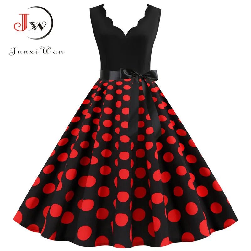 Women Retro Summer Dresses 50s 60s Sleeveless V - neck Polka Dot Bow Ball Grown Party Sundress Robe Vestidos - PratSN