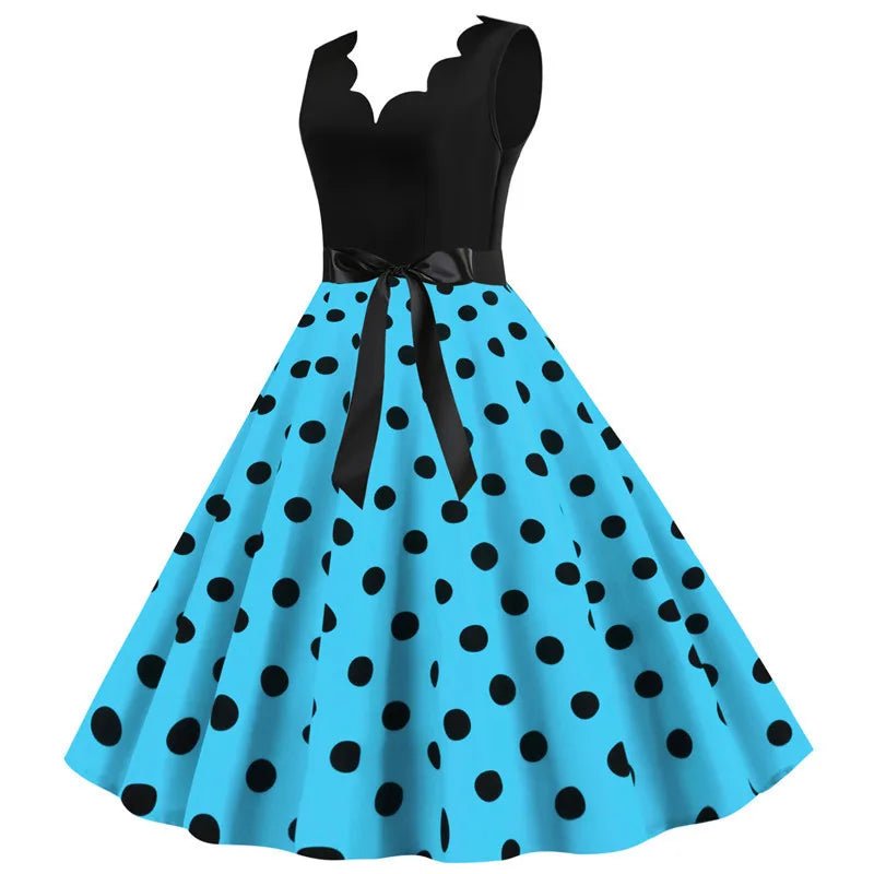 Women Retro Summer Dresses 50s 60s Sleeveless V - neck Polka Dot Bow Ball Grown Party Sundress Robe Vestidos - PratSN