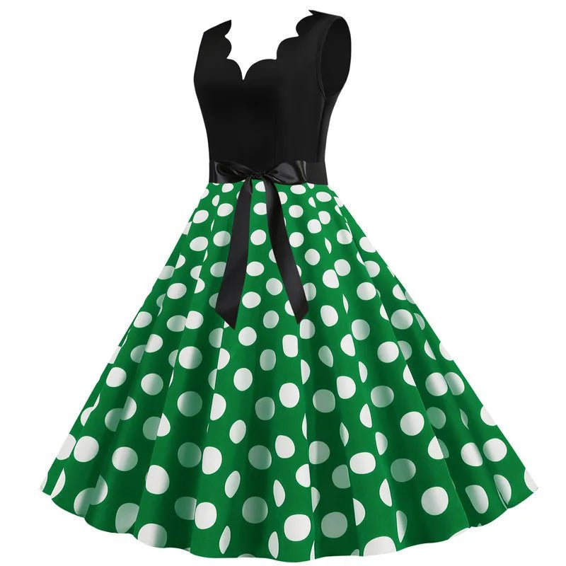 Women Retro Summer Dresses 50s 60s Sleeveless V - neck Polka Dot Bow Ball Grown Party Sundress Robe Vestidos - PratSN