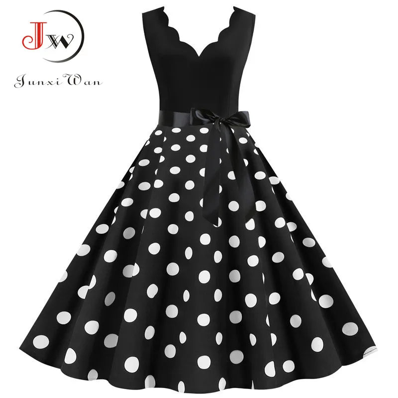 Women Retro Summer Dresses 50s 60s Sleeveless V - neck Polka Dot Bow Ball Grown Party Sundress Robe Vestidos - PratSN