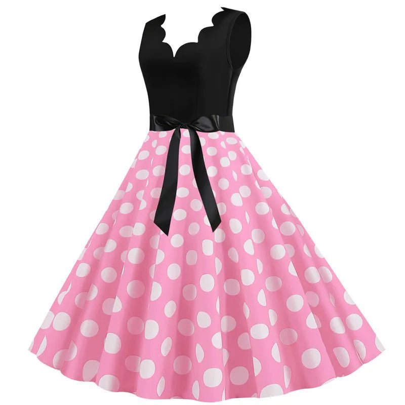 Women Retro Summer Dresses 50s 60s Sleeveless V - neck Polka Dot Bow Ball Grown Party Sundress Robe Vestidos - PratSN
