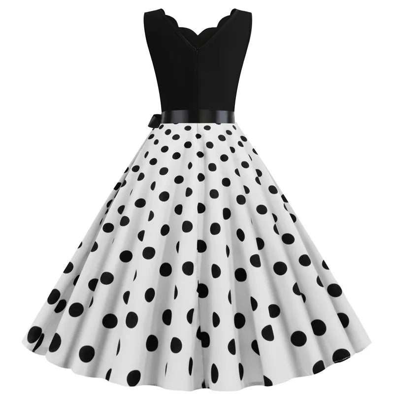 Women Retro Summer Dresses 50s 60s Sleeveless V - neck Polka Dot Bow Ball Grown Party Sundress Robe Vestidos - PratSN