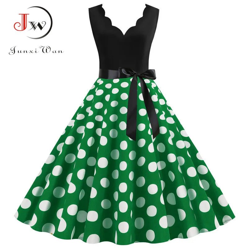 Women Retro Summer Dresses 50s 60s Sleeveless V - neck Polka Dot Bow Ball Grown Party Sundress Robe Vestidos - PratSN