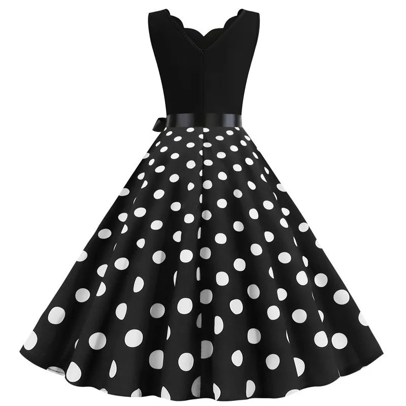 Women Retro Summer Dresses 50s 60s Sleeveless V - neck Polka Dot Bow Ball Grown Party Sundress Robe Vestidos - PratSN