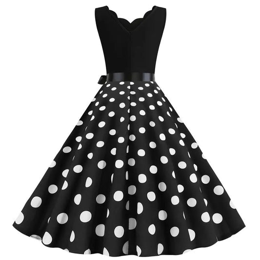 Women Retro Summer Dresses 50s 60s Sleeveless V - neck Polka Dot Bow Ball Grown Party Sundress Robe Vestidos - PratSN