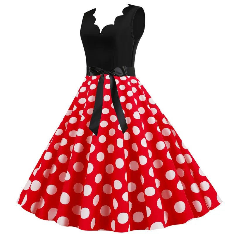Women Retro Summer Dresses 50s 60s Sleeveless V - neck Polka Dot Bow Ball Grown Party Sundress Robe Vestidos - PratSN