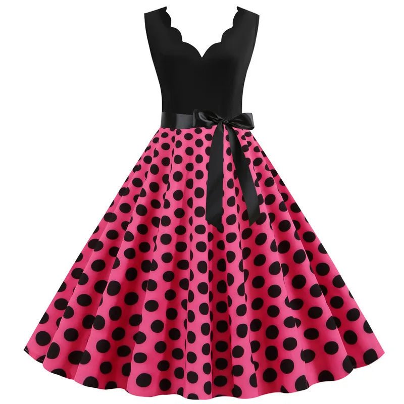 Women Retro Summer Dresses 50s 60s Sleeveless V - neck Polka Dot Bow Ball Grown Party Sundress Robe Vestidos - PratSN