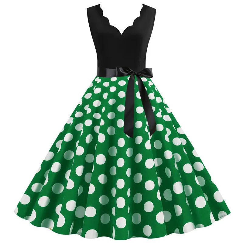 Women Retro Summer Dresses 50s 60s Sleeveless V - neck Polka Dot Bow Ball Grown Party Sundress Robe Vestidos - PratSN
