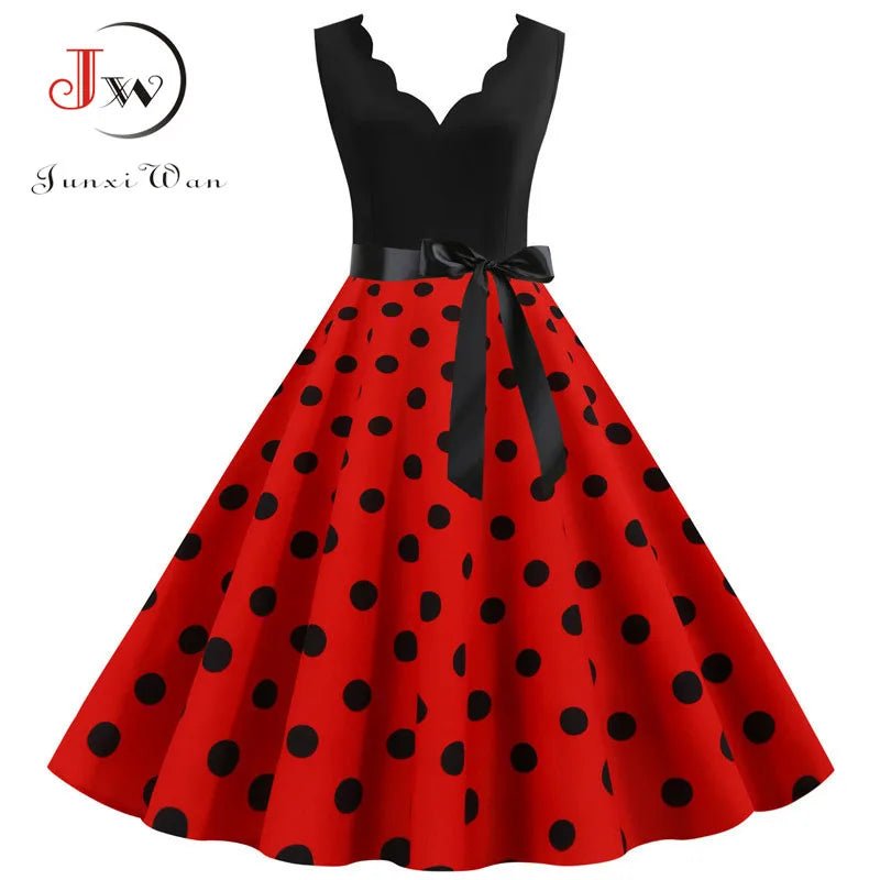 Women Retro Summer Dresses 50s 60s Sleeveless V - neck Polka Dot Bow Ball Grown Party Sundress Robe Vestidos - PratSN
