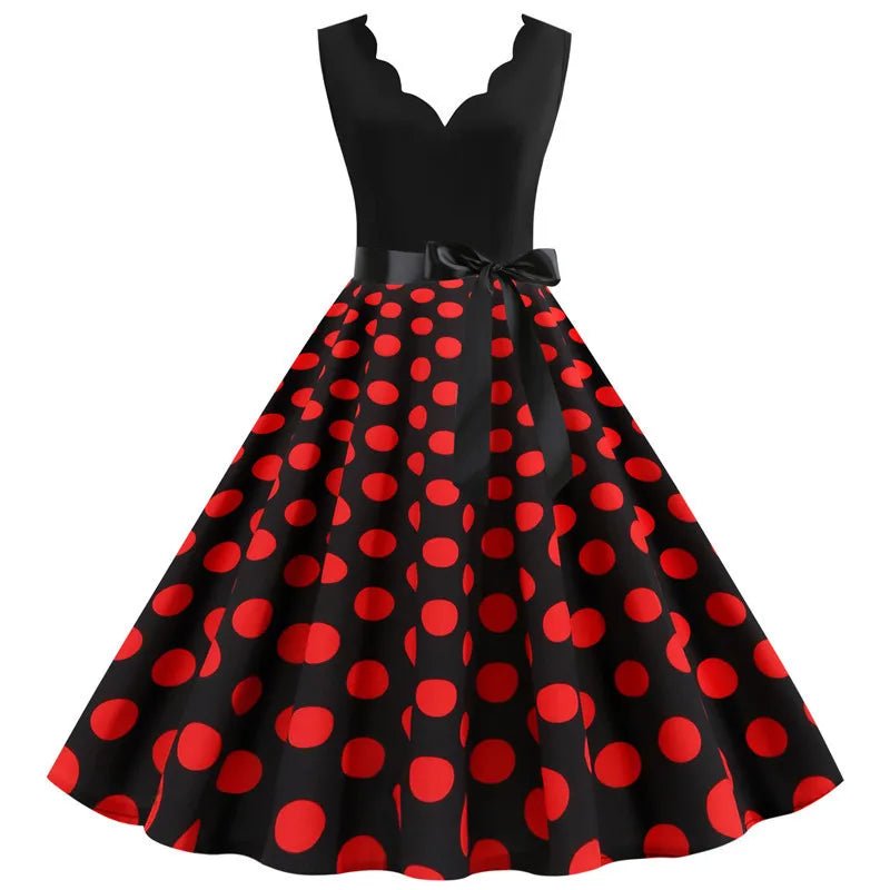 Women Retro Summer Dresses 50s 60s Sleeveless V - neck Polka Dot Bow Ball Grown Party Sundress Robe Vestidos - PratSN